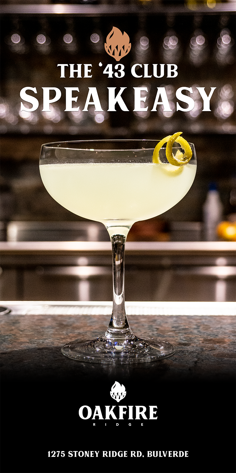 Oakfire Ridge speakeasy coupe cocktail advertisement